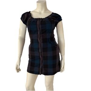 Womens Plaid Button Front Dress Puff Sleeve Heritage Plaid Grungecore Large